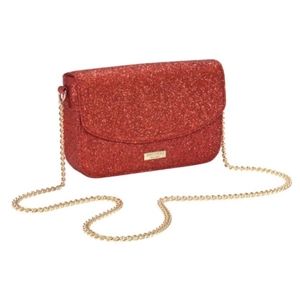 NEW Jimmy Choo Red Glitter Sparkly Crossbody Evening Bag Purse Clutch Gold Chain